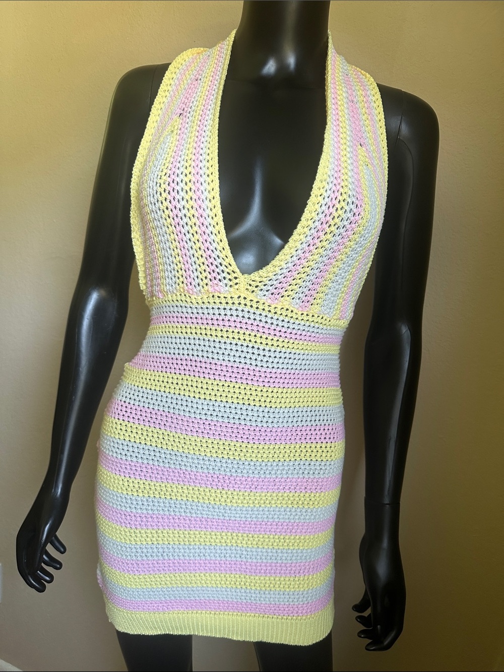 Pastel Candy Stripe Knit Halter Mini Dress – Open Back Tie Neck